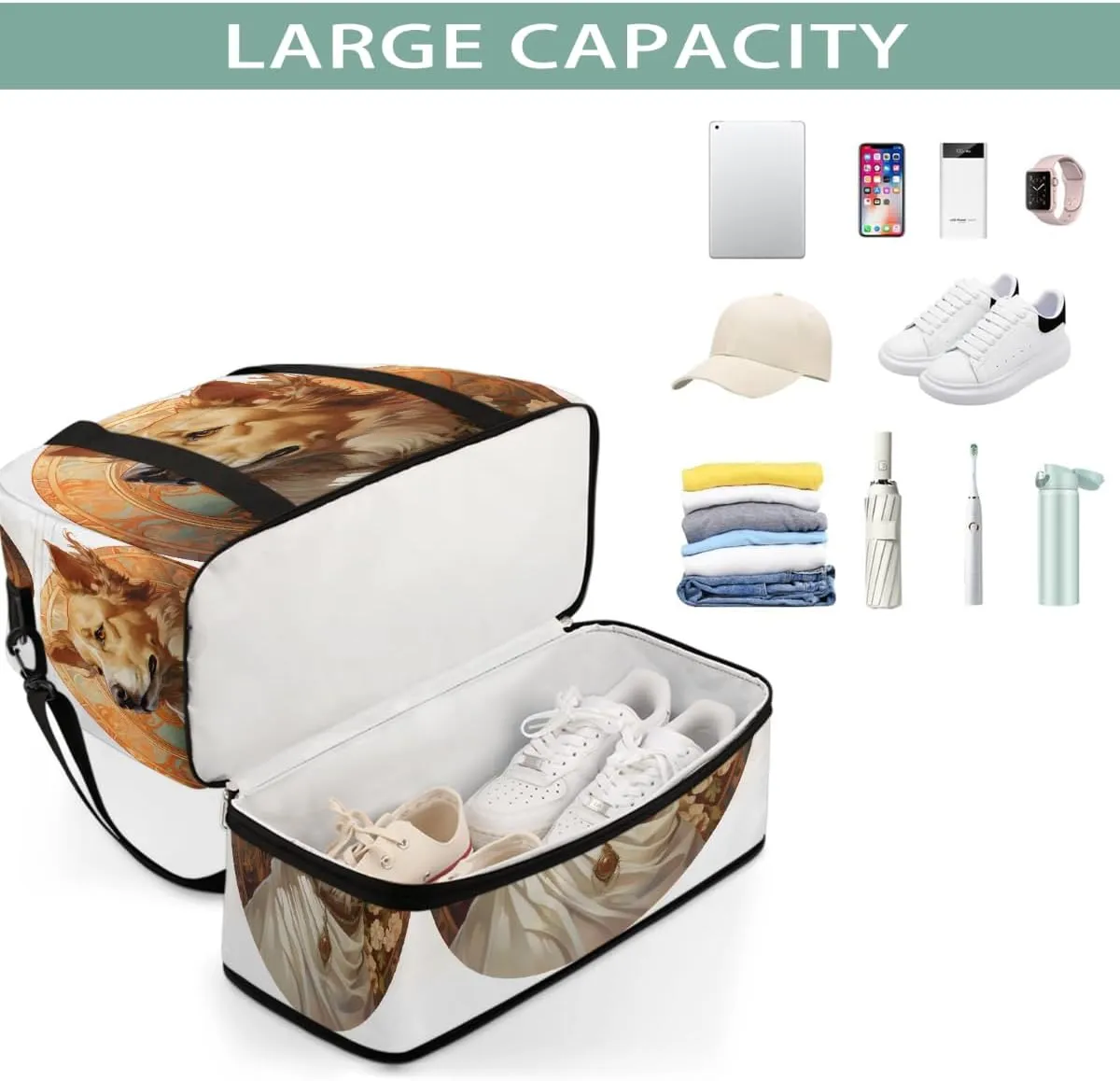 Sports Gym Bag Retro Dog Flowers Large Travel Duffel Bag With Shoe Compartment Foldable Waterproof Carry-On Weekend Travel Bags for Camping Overnight Yoga Hospital Travel Bags
