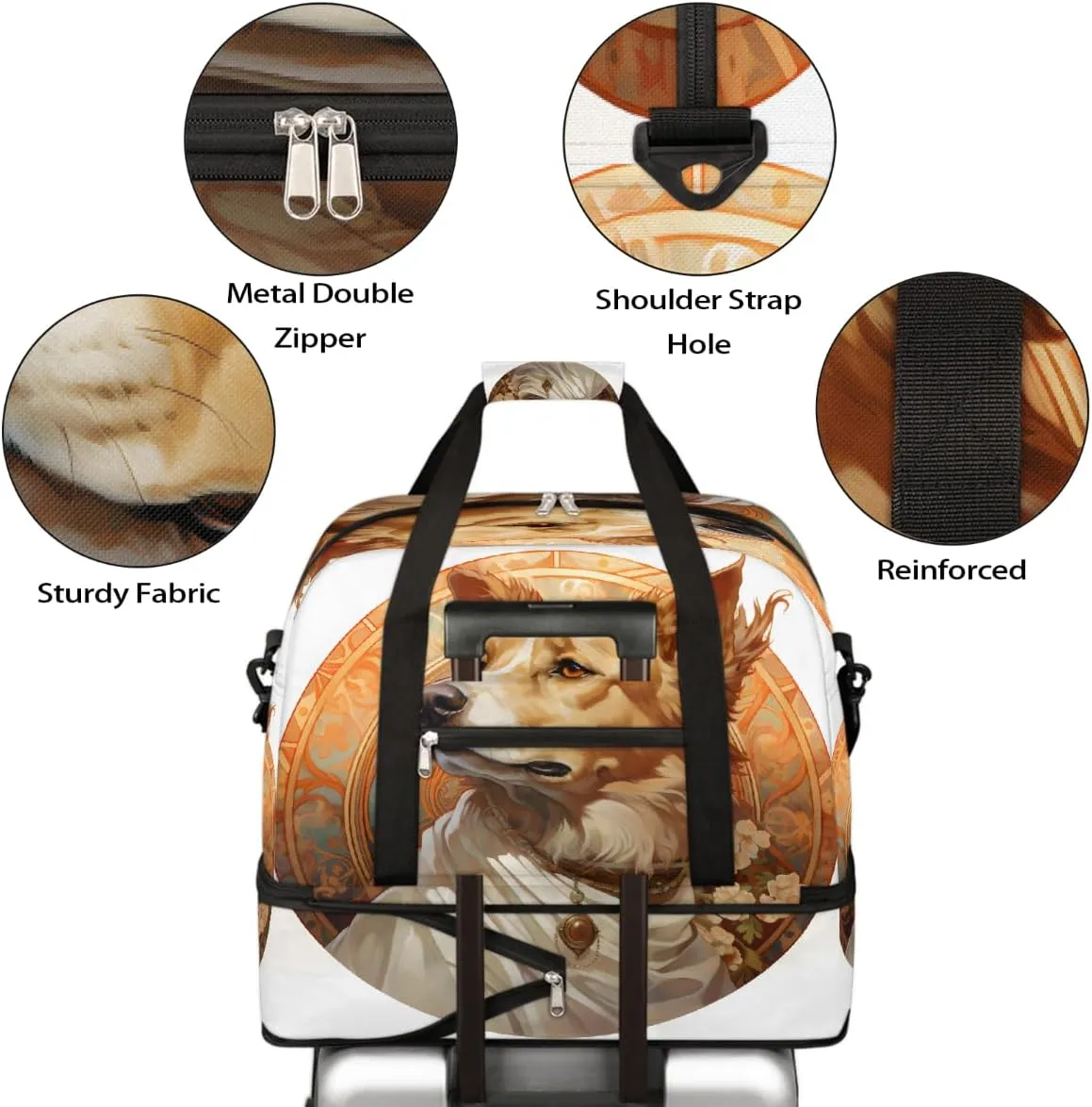 Sports Gym Bag Retro Dog Flowers Large Travel Duffel Bag With Shoe Compartment Foldable Waterproof Carry-On Weekend Travel Bags for Camping Overnight Yoga Hospital Travel Bags