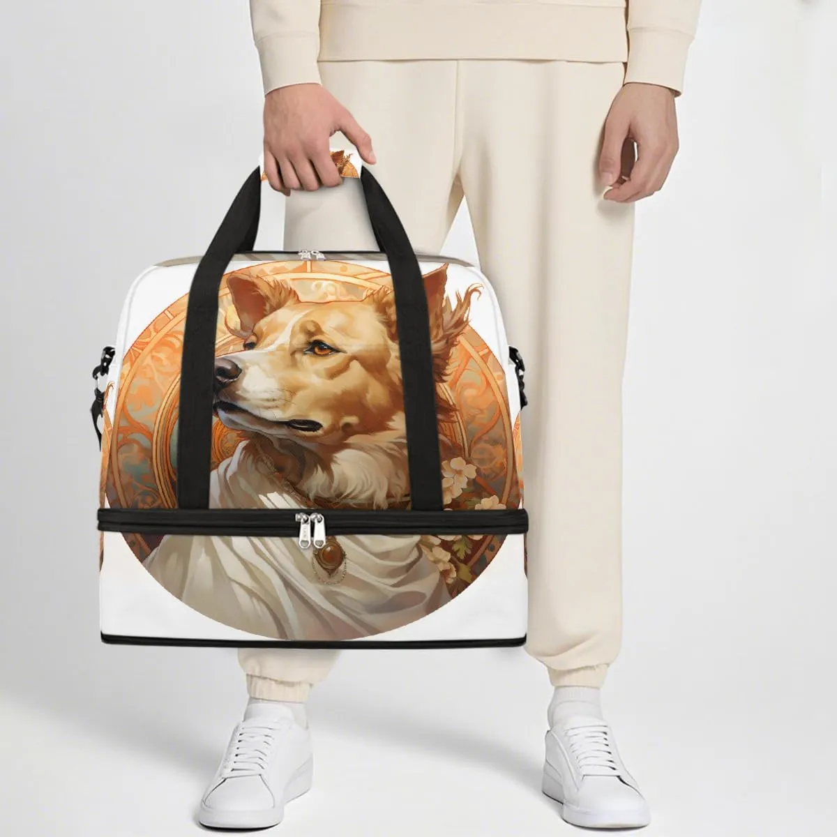 Sports Gym Bag Retro Dog Flowers Large Travel Duffel Bag With Shoe Compartment Foldable Waterproof Carry-On Weekend Travel Bags for Camping Overnight Yoga Hospital Travel Bags