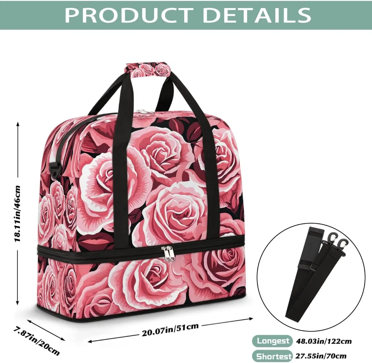Sports Gym Bag Rose Modern Plant Large Travel Duffel Bag With Shoe Compartment Foldable Waterproof Carry-On Weekend Travel Bags for Camping Overnight Yoga Hospital Travel Bags