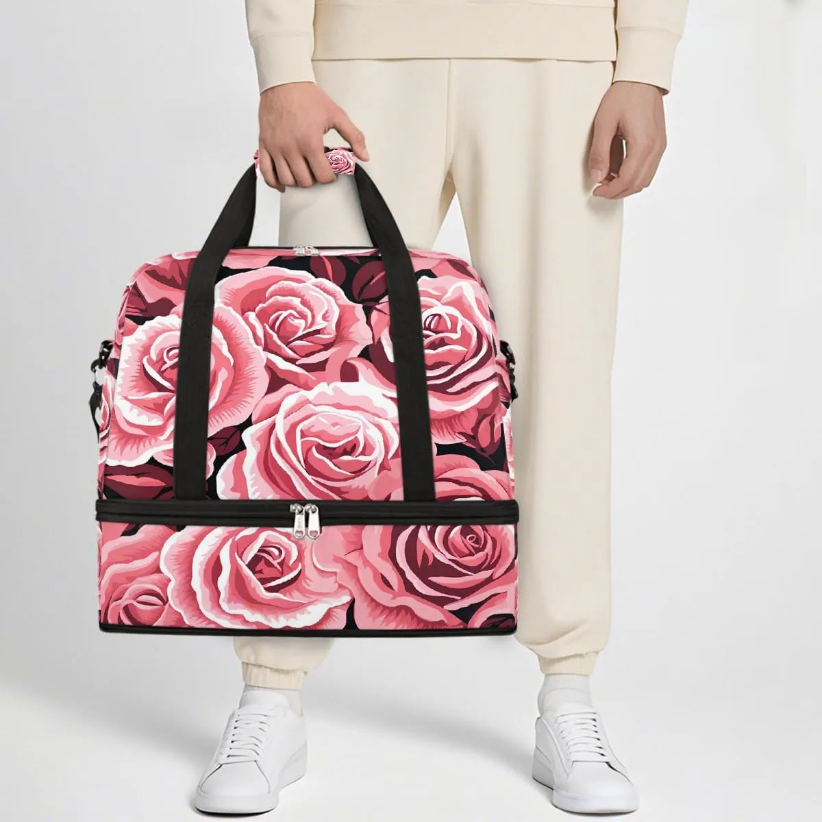 Sports Gym Bag Rose Modern Plant Large Travel Duffel Bag With Shoe Compartment Foldable Waterproof Carry-On Weekend Travel Bags for Camping Overnight Yoga Hospital Travel Bags