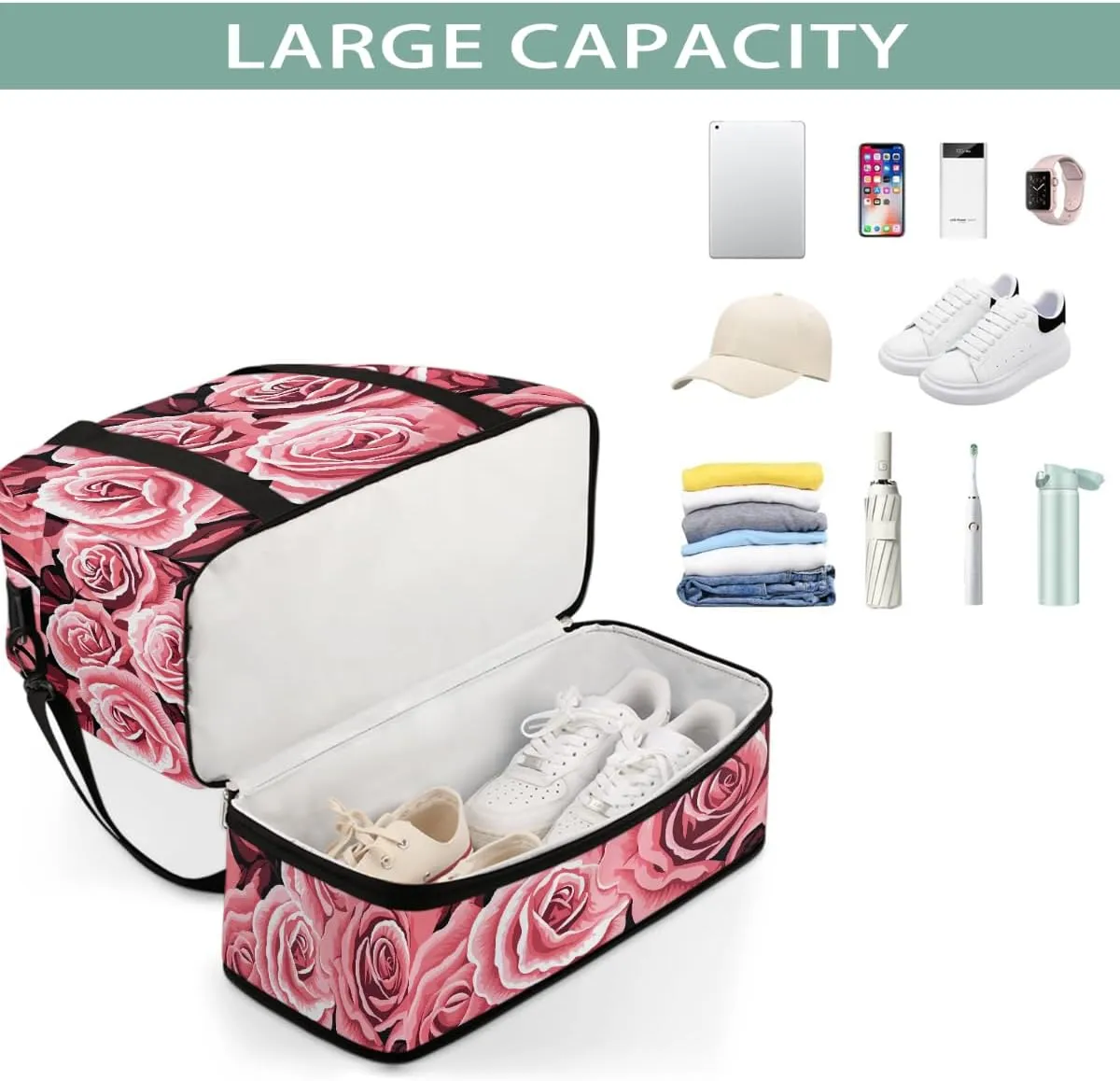 Sports Gym Bag Rose Modern Plant Large Travel Duffel Bag With Shoe Compartment Foldable Waterproof Carry-On Weekend Travel Bags for Camping Overnight Yoga Hospital Travel Bags