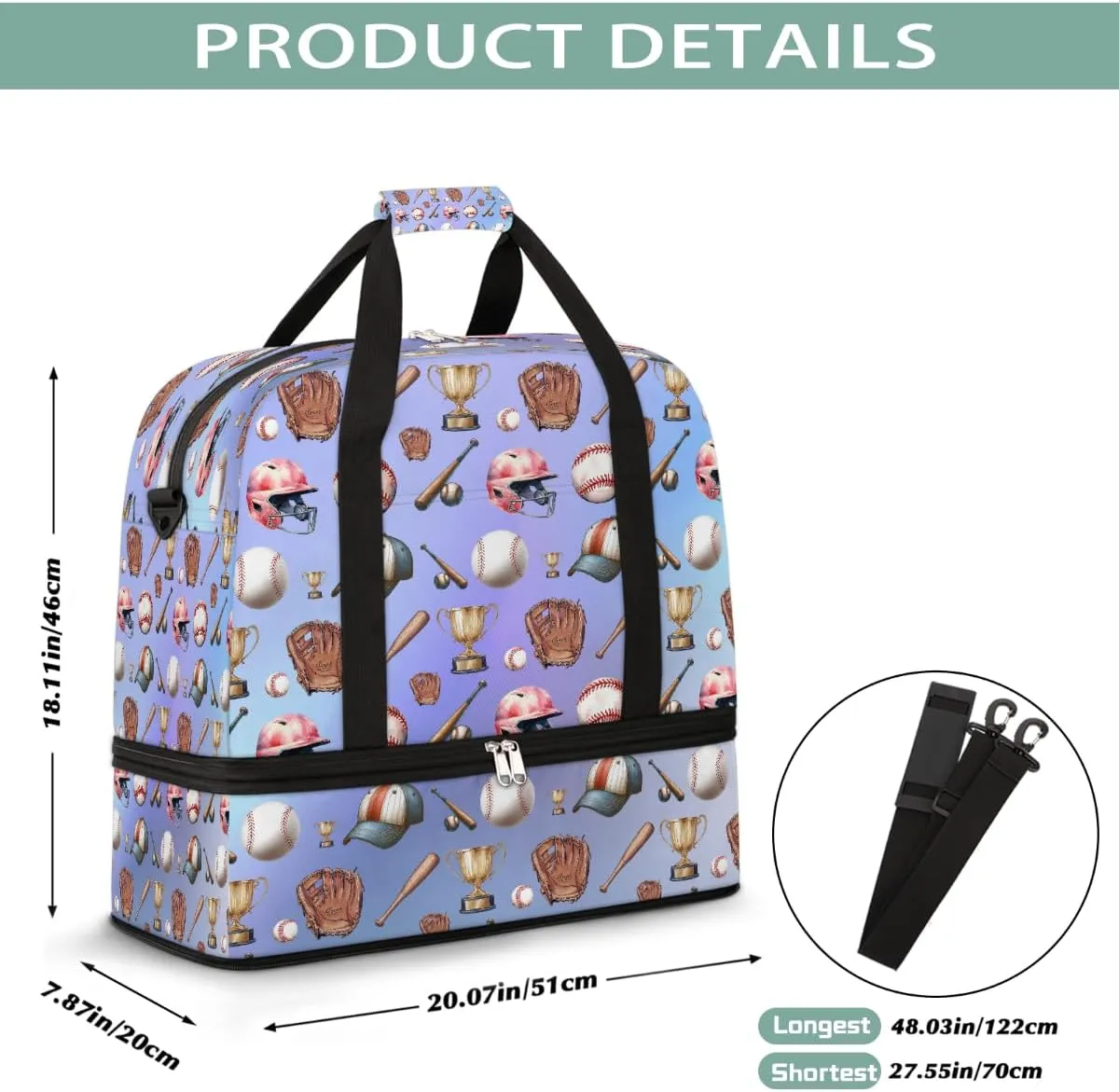 Sports Gym Bag Sports Baseball Tiles Large Travel Duffel Bag With Shoe Compartment Foldable Waterproof Carry-On Weekend Travel Bags for Camping Overnight Yoga Hospital Travel Bags