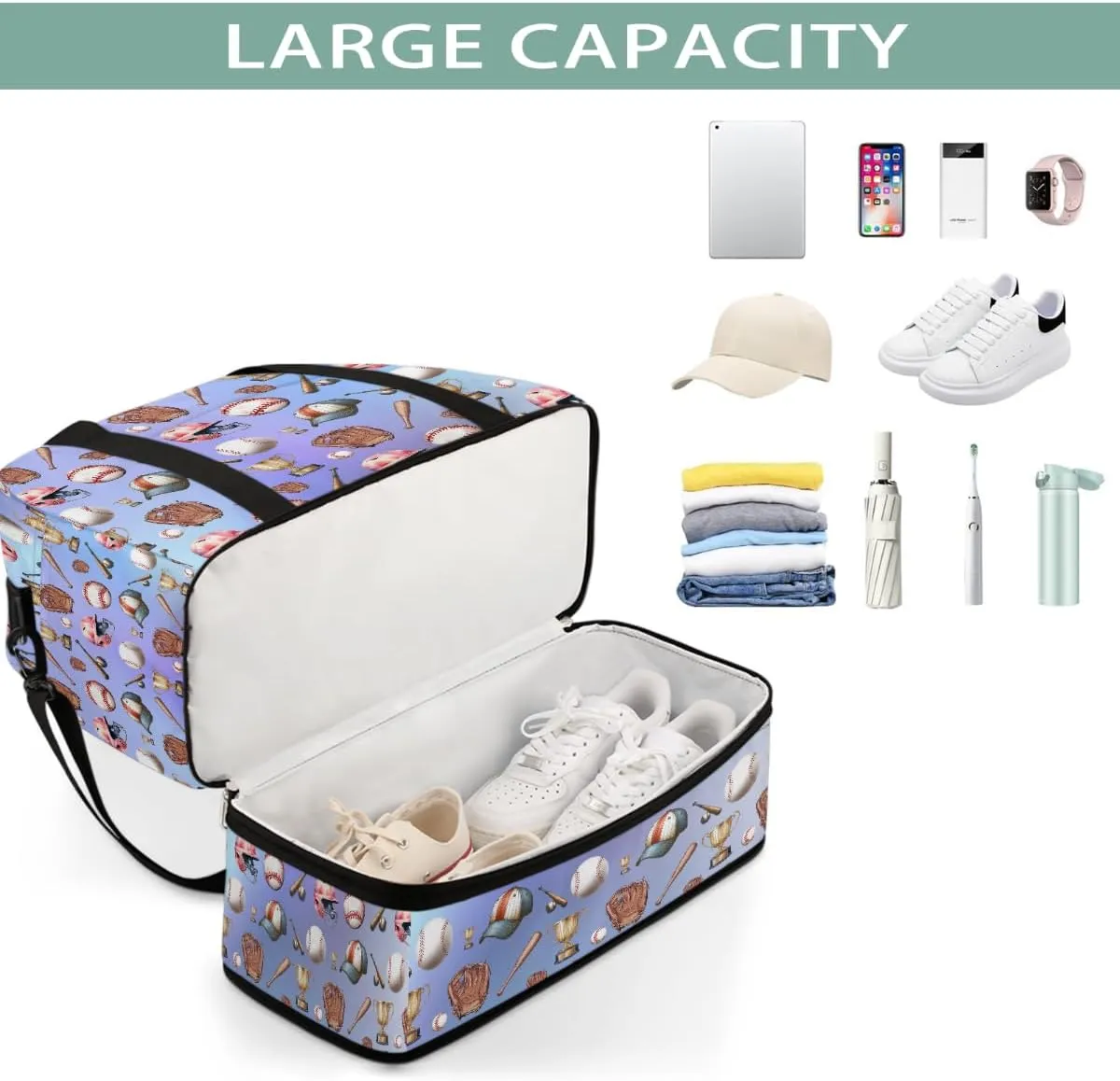 Sports Gym Bag Sports Baseball Tiles Large Travel Duffel Bag With Shoe Compartment Foldable Waterproof Carry-On Weekend Travel Bags for Camping Overnight Yoga Hospital Travel Bags