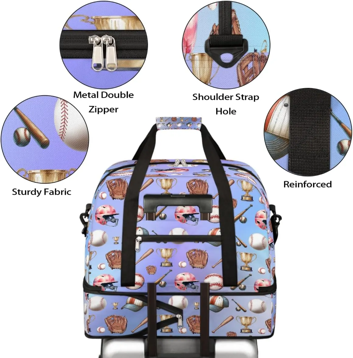 Sports Gym Bag Sports Baseball Tiles Large Travel Duffel Bag With Shoe Compartment Foldable Waterproof Carry-On Weekend Travel Bags for Camping Overnight Yoga Hospital Travel Bags