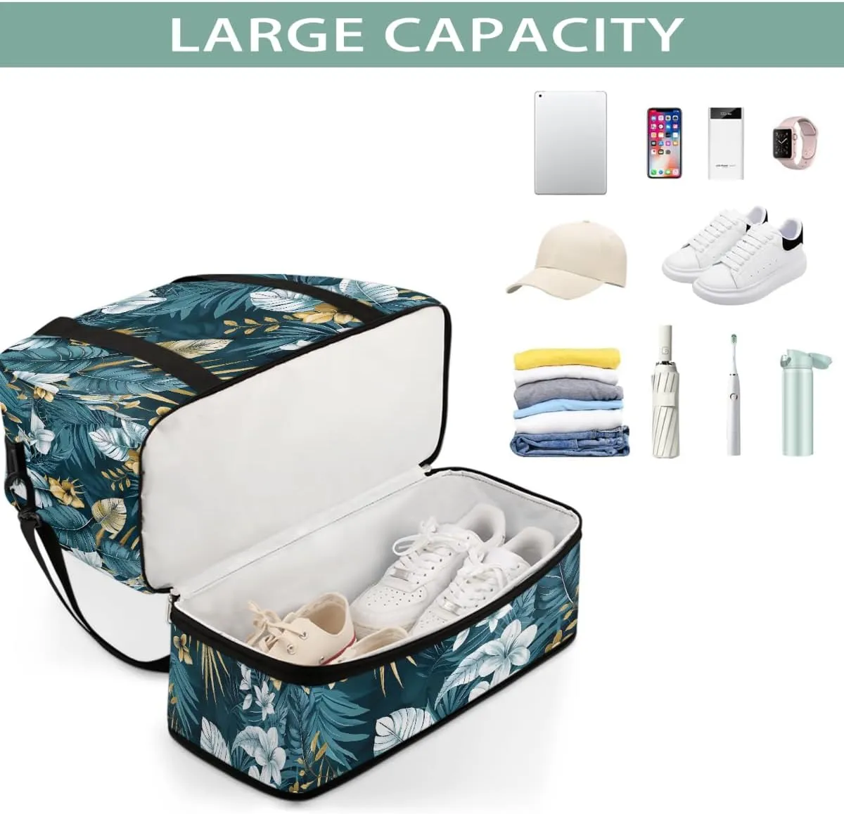 Sports Gym Bag Tropical Rainforest Leaves Large Travel Duffel Bag With Shoe Compartment Foldable Waterproof Carry-On Weekend Travel Bags for Camping Overnight Yoga Hospital Travel Bags