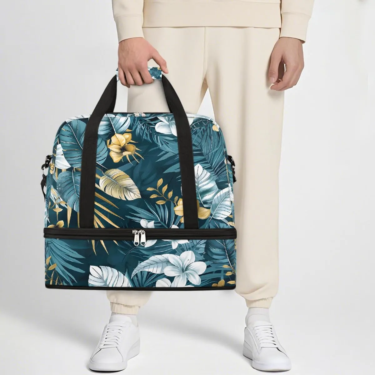 Sports Gym Bag Tropical Rainforest Leaves Large Travel Duffel Bag With Shoe Compartment Foldable Waterproof Carry-On Weekend Travel Bags for Camping Overnight Yoga Hospital Travel Bags
