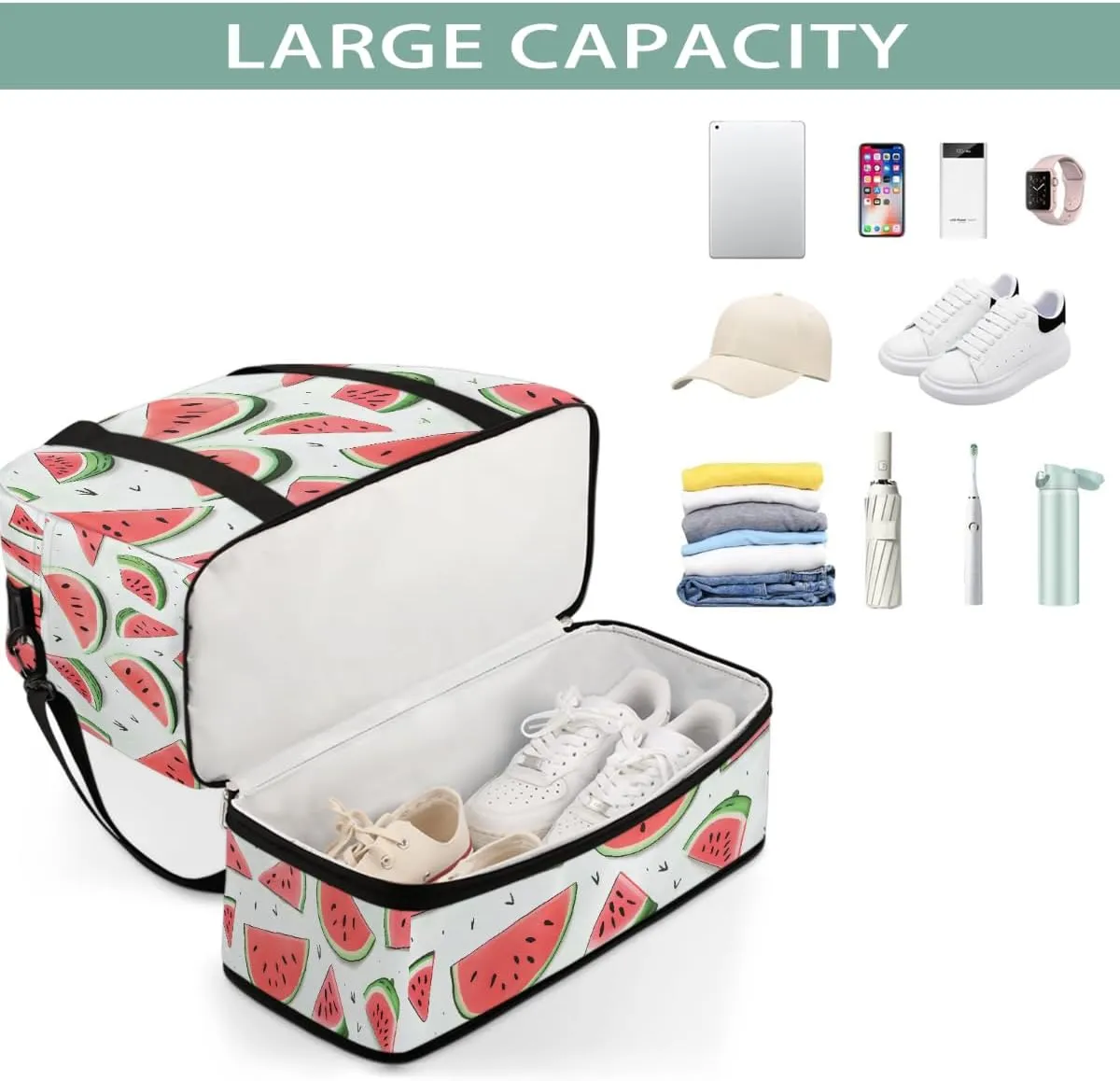 Sports Gym Bag Watermelon Pattern Large Travel Duffel Bag With Shoe Compartment Foldable Waterproof Carry-On Weekend Travel Bags for Camping Overnight Yoga Hospital Travel Bags