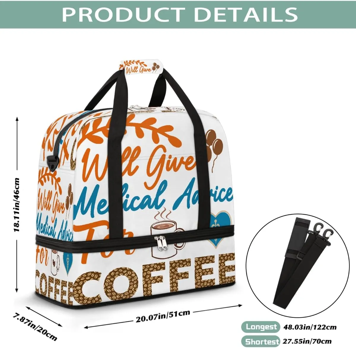 Sports Gym Bag Will Give Medical Advice For Coffee Large Travel Duffel Bag With Shoe Compartment Foldable Waterproof Carry-On Weekend Travel Bags for Camping Overnight Yoga Hospital Travel Bags