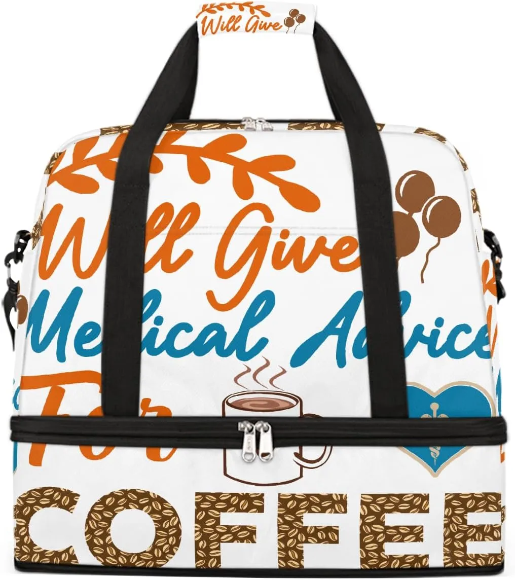 Sports Gym Bag Will Give Medical Advice For Coffee Large Travel Duffel Bag With Shoe Compartment Foldable Waterproof Carry-On Weekend Travel Bags for Camping Overnight Yoga Hospital Travel Bags