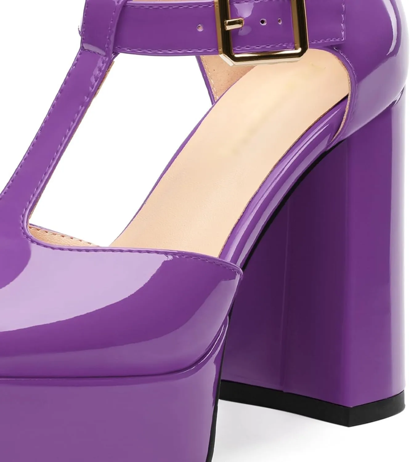 Square Toe High Heels Women's Shoes Pumps Patent Leather Thick Sole Thick Heel Hook-and-Loop Straps Height 10 Cm