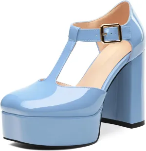 Square Toe High Heels Women's Shoes Pumps Patent Leather Thick Sole Thick Heel Hook-and-Loop Straps Height 10 Cm