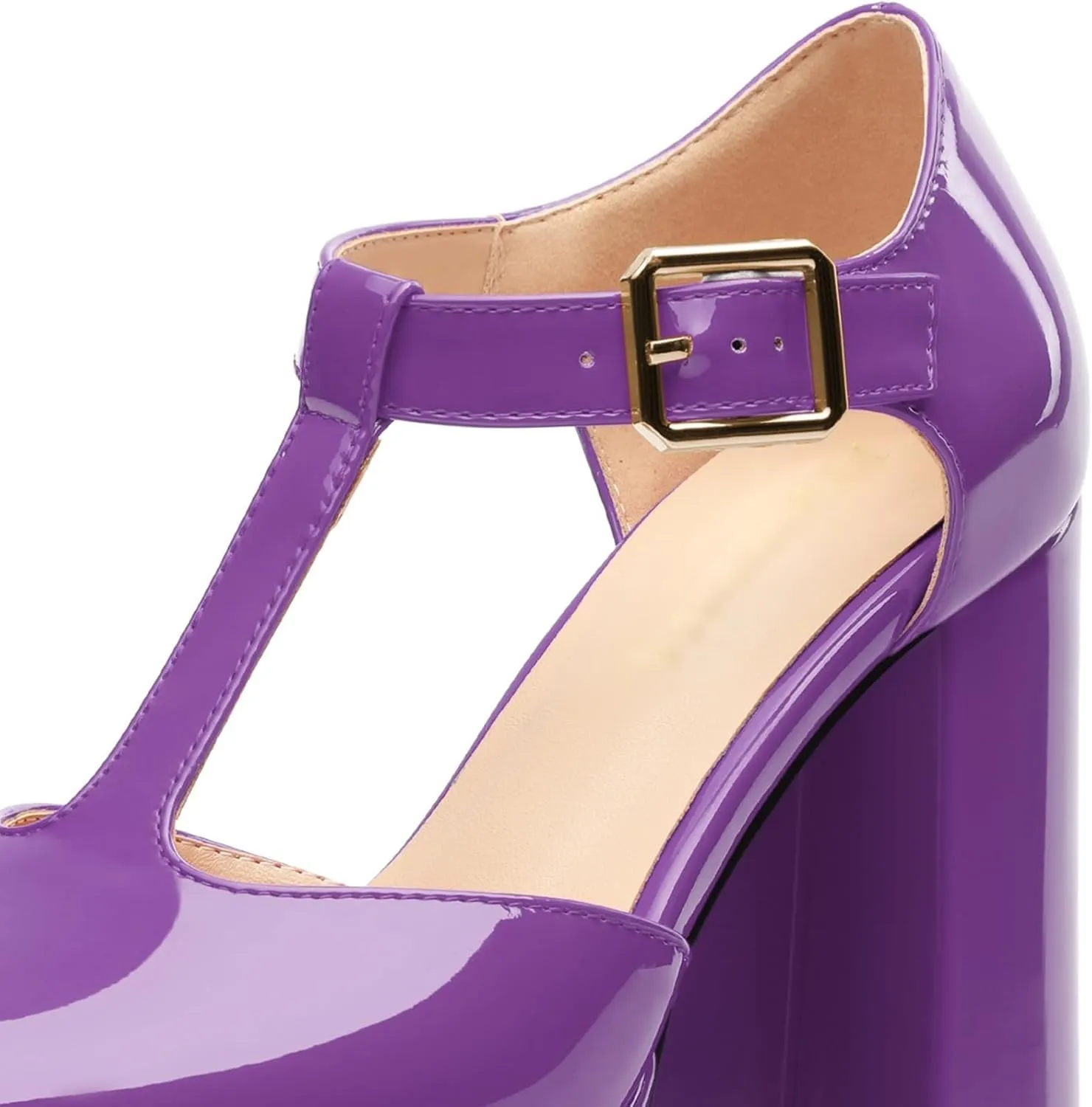 Square Toe High Heels Women's Shoes Pumps Patent Leather Thick Sole Thick Heel Hook-and-Loop Straps Height 10 Cm