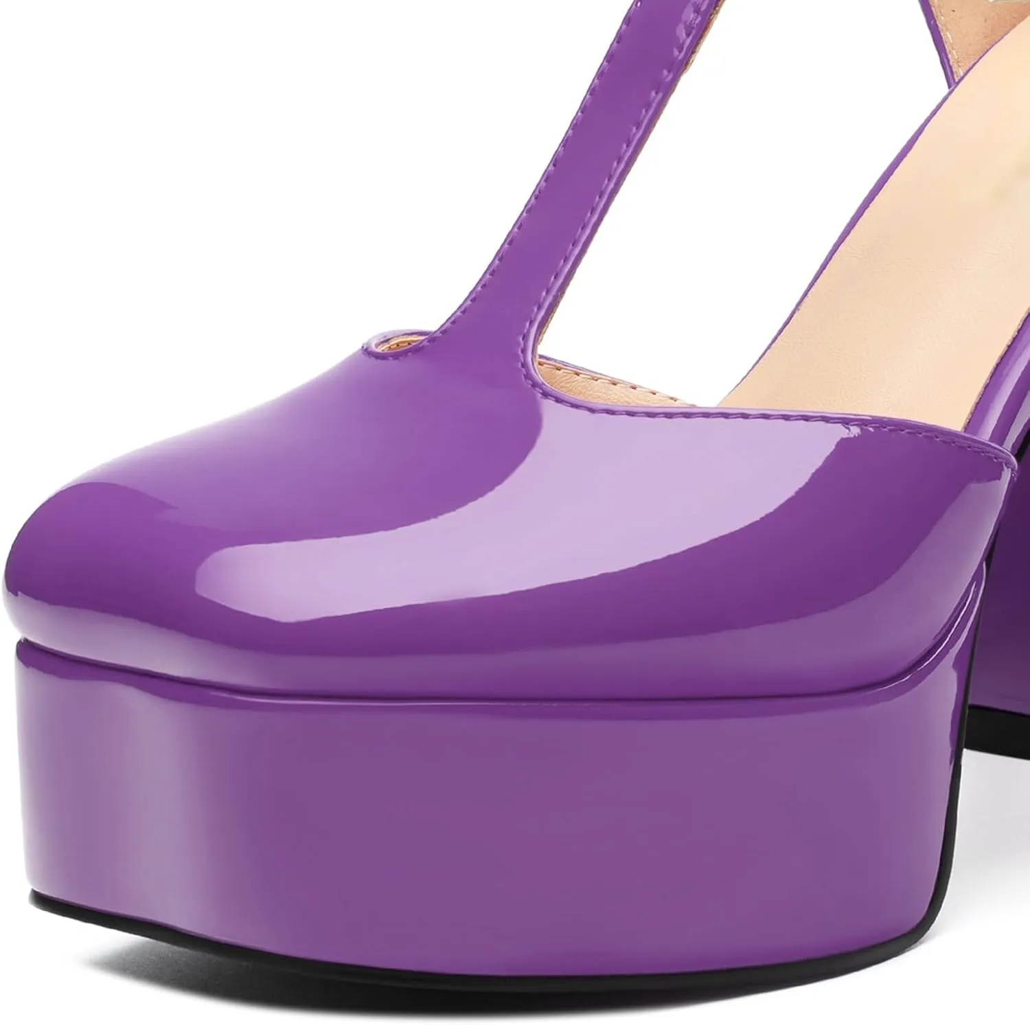 Square Toe High Heels Women's Shoes Pumps Patent Leather Thick Sole Thick Heel Hook-and-Loop Straps Height 10 Cm
