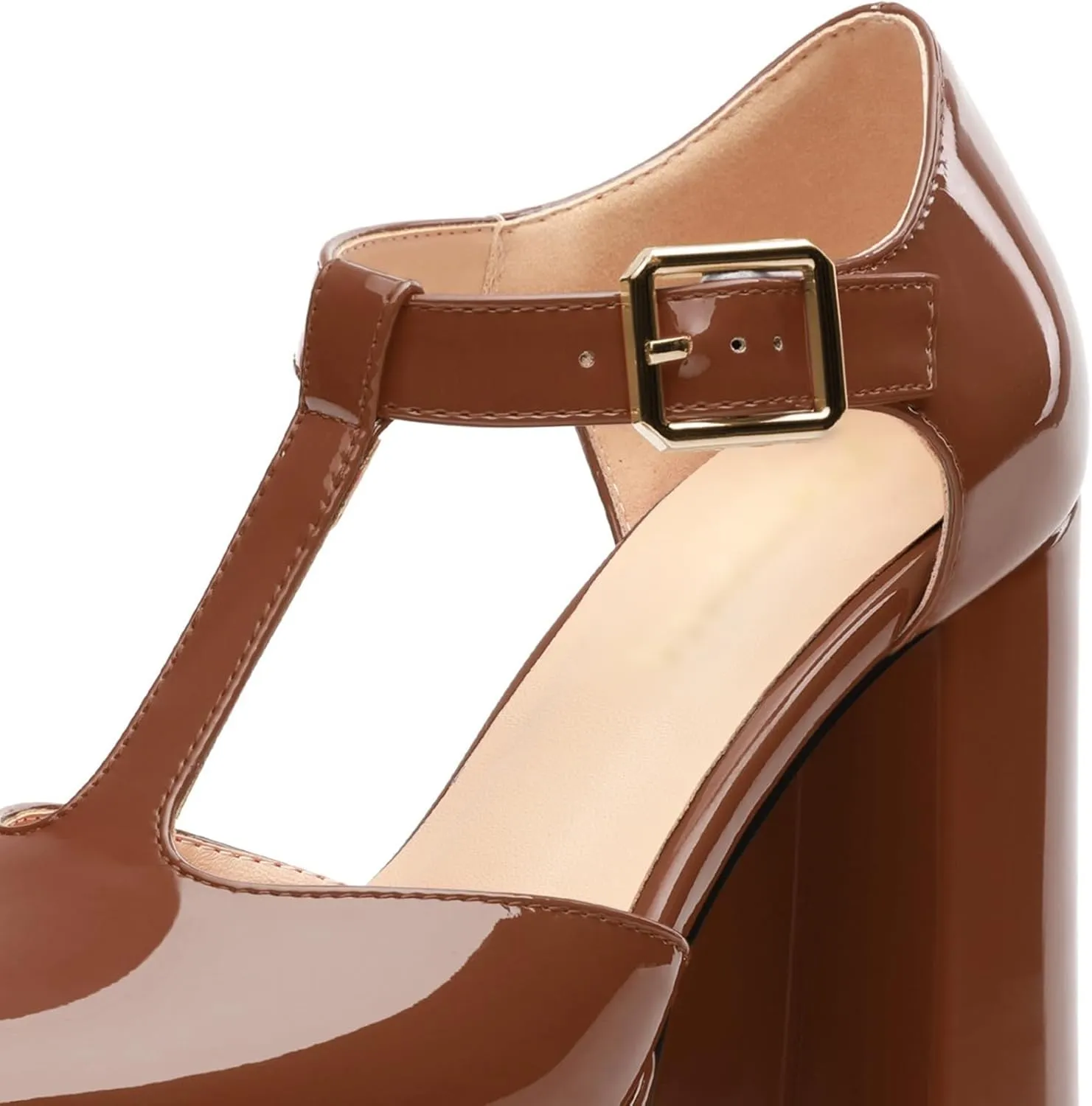 Square Toe High Heels Women's Shoes Pumps Patent Leather Thick Sole Thick Heel Hook-and-Loop Straps Height 10 Cm