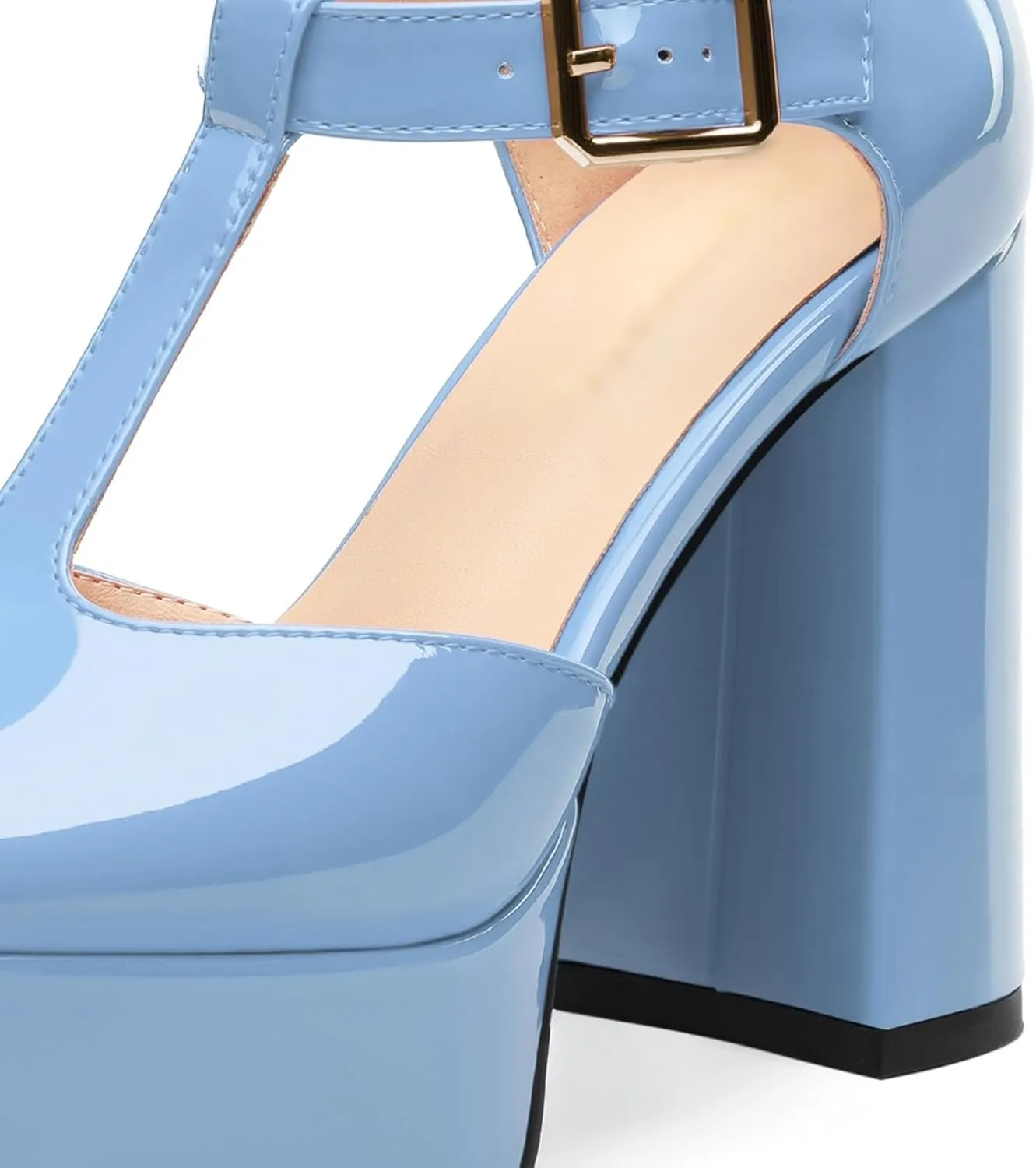 Square Toe High Heels Women's Shoes Pumps Patent Leather Thick Sole Thick Heel Hook-and-Loop Straps Height 10 Cm