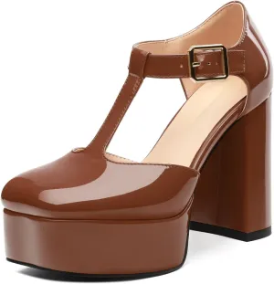 Square Toe High Heels Women's Shoes Pumps Patent Leather Thick Sole Thick Heel Hook-and-Loop Straps Height 10 Cm