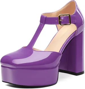 Square Toe High Heels Women's Shoes Pumps Patent Leather Thick Sole Thick Heel Hook-and-Loop Straps Height 10 Cm