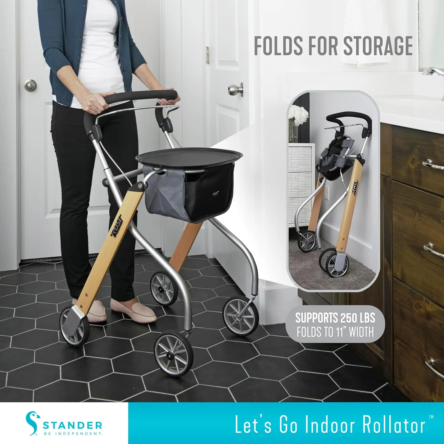 Stander Let’s Go Indoor Rollator, Lightweight Four Wheel Euro Style Walker with Tray, Folding Mobility Aid for Seniors by Trust Care, Red