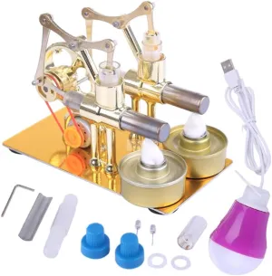 Stirling Engine Model Kit, Hot Double Cylinder Stirling Engine Motor Model Heat Steam Power Engine with Bulb, Mechanical Metal Stirling Motor Electricity Power Generator, Type 3