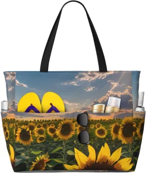 Sunflowers Sunlight Print Foldable Lightweight Family Beach Bag for Men Women Beach Tote Bag Portable Gym Bag