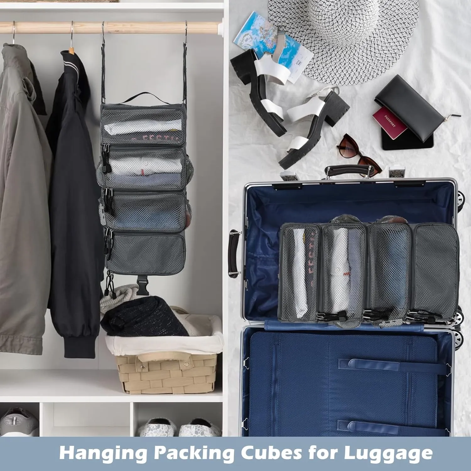 Surblue Hanging Travel Organizer Portable Hanging Luggage Organizer Multiple Compartments Collapsible Compression Closet Packing Cubes,LightGray,S