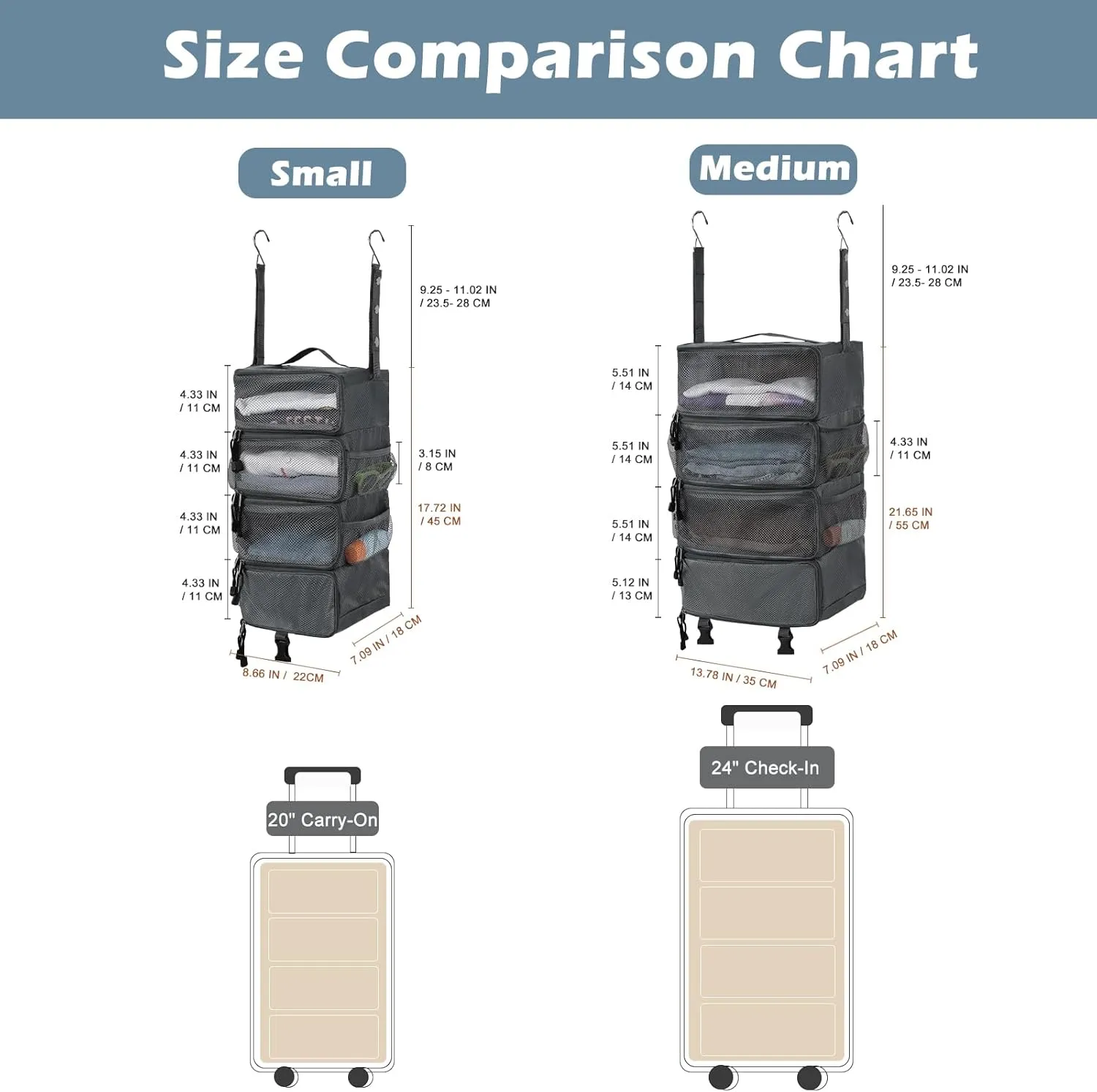 Surblue Hanging Travel Organizer Portable Hanging Luggage Organizer Multiple Compartments Collapsible Compression Closet Packing Cubes,LightGray,S