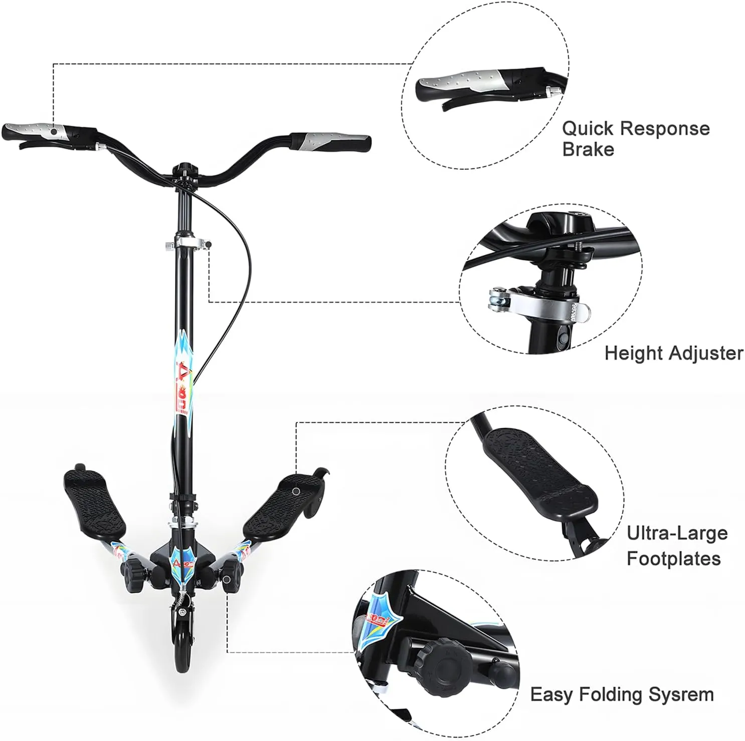 Swing Wiggle Scooter, 3 Wheels Drifting Folding Kick Scooter with 4-Level Adjustable Height/Foldable for Kids/Woman/Men Age 6  Years Old