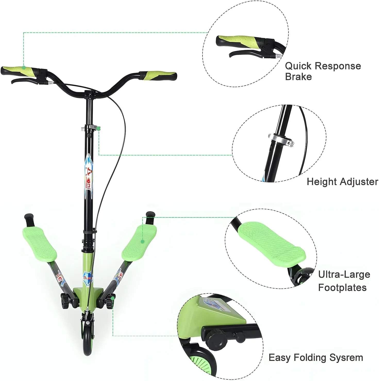 Swing Wiggle Scooter, 3 Wheels Drifting Folding Kick Scooter with 4-Level Adjustable Height/Foldable for Kids/Woman/Men Age 6  Years Old