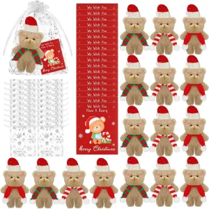 Syhood 18 Sets Christmas Plush Small Bear 6inch Stuffed Plush Bear Doll Mini Christmas Stuffed Animal Toy with Gift Tags Organza Bags for Xmas Holiday Party Favors Wedding Decoration Supplies(Brown)