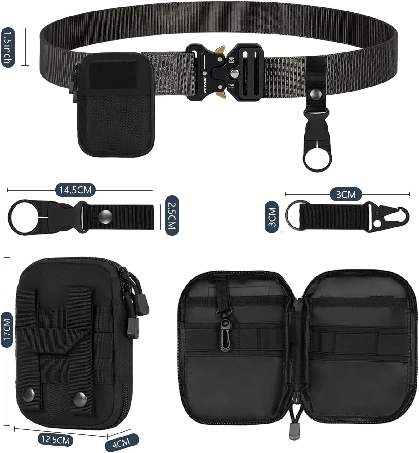 Tactical Belt, Military Belts For Men, Nickel Free Belt Men with Molle Pouch, Tactical Key Holder & Water Bottle Clip