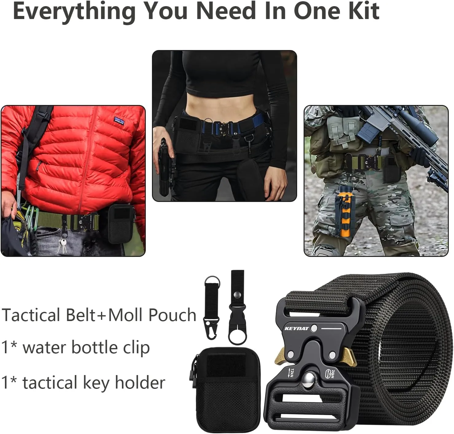 Tactical Belt, Military Belts For Men, Nickel Free Belt Men with Molle Pouch, Tactical Key Holder & Water Bottle Clip
