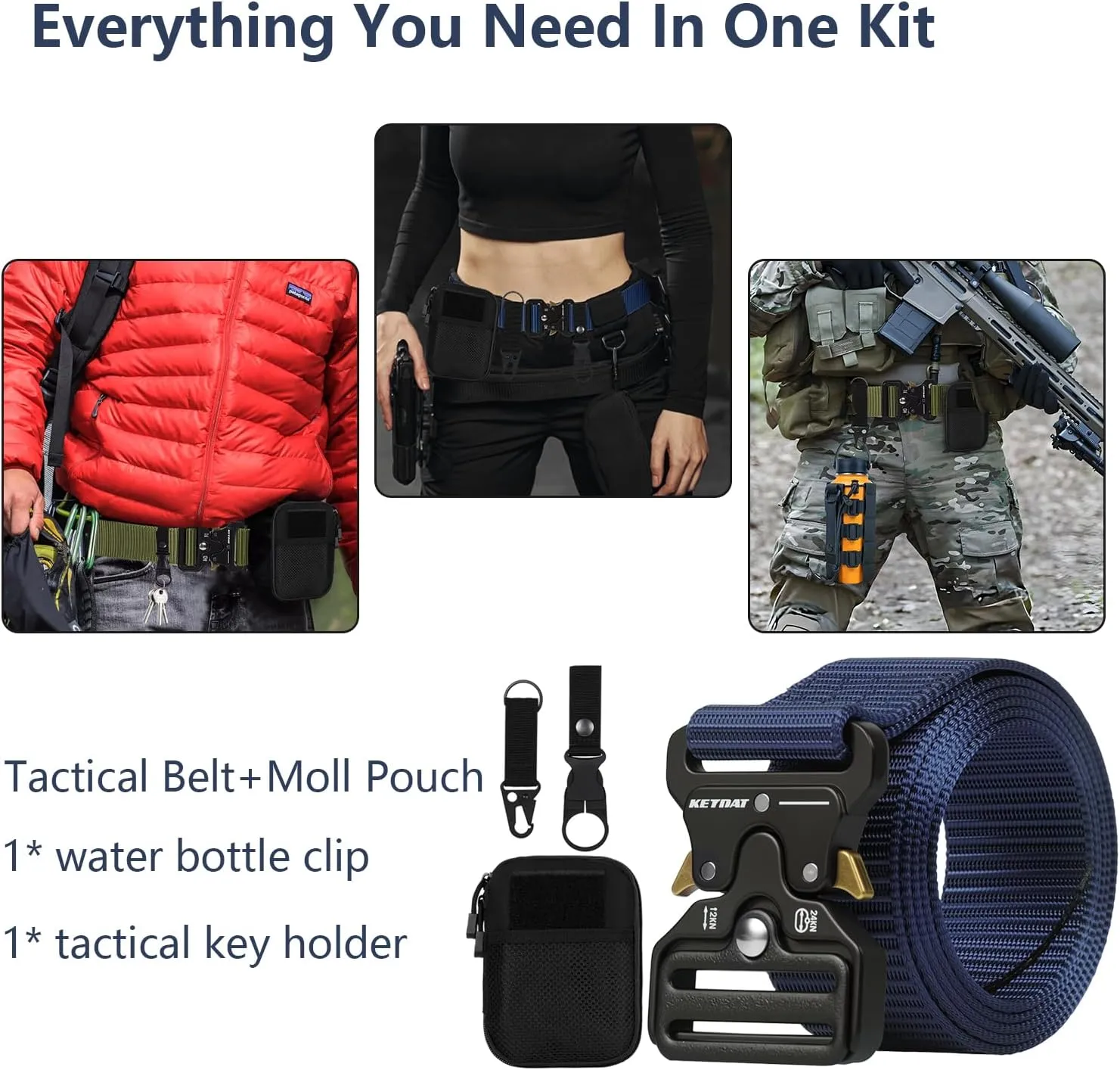 Tactical Belt, Military Belts For Men, Nickel Free Belt Men with Molle Pouch, Tactical Key Holder & Water Bottle Clip
