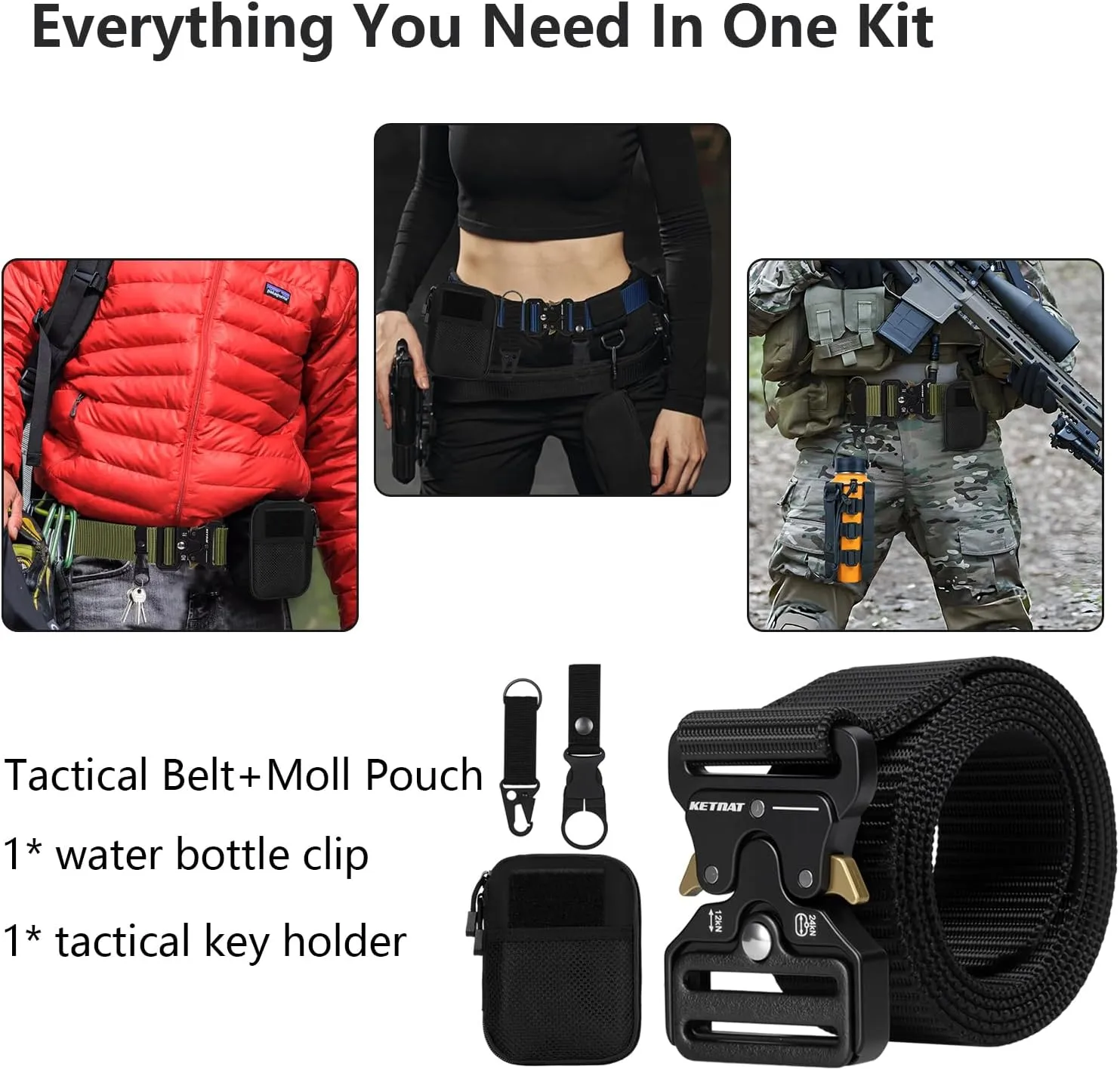 Tactical Belt, Military Belts For Men, Nickel Free Belt Men with Molle Pouch, Tactical Key Holder & Water Bottle Clip