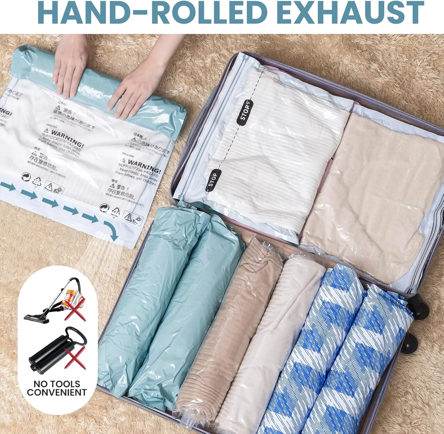 TAILI 12 Pack Travel Compression Bags, Roll Up Space Saver Bags (6 Large 6 Medium), No Vacuum Needed Reusable Packing for Luggage, Suitcase, Backpack, Travel Essentials, Forest Green