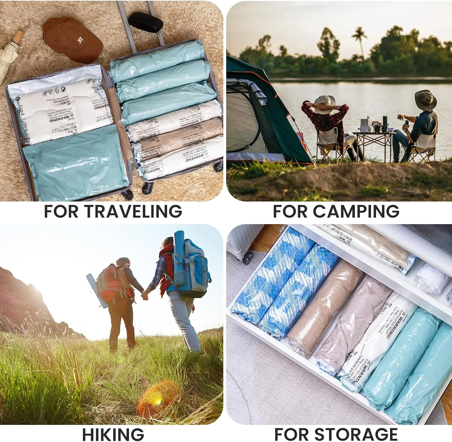 TAILI 12 Pack Travel Compression Bags, Roll Up Space Saver Bags (6 Large 6 Medium), No Vacuum Needed Reusable Packing for Luggage, Suitcase, Backpack, Travel Essentials, Forest Green
