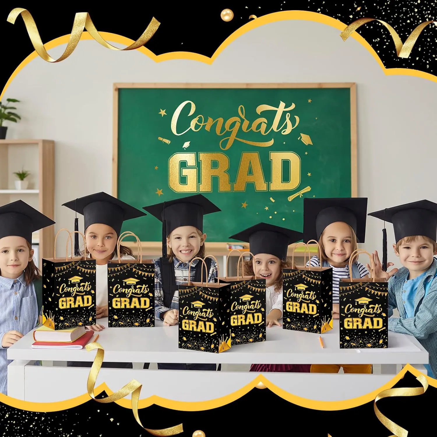 TaoBary 24 Pcs Black Gold 2025 Graduation Gift Bags Congrats Grad Bags Party Favors with Handles Graduation Treat Paper Gifts for Grad Party Supplies, 8 x 6 x 3 Inches