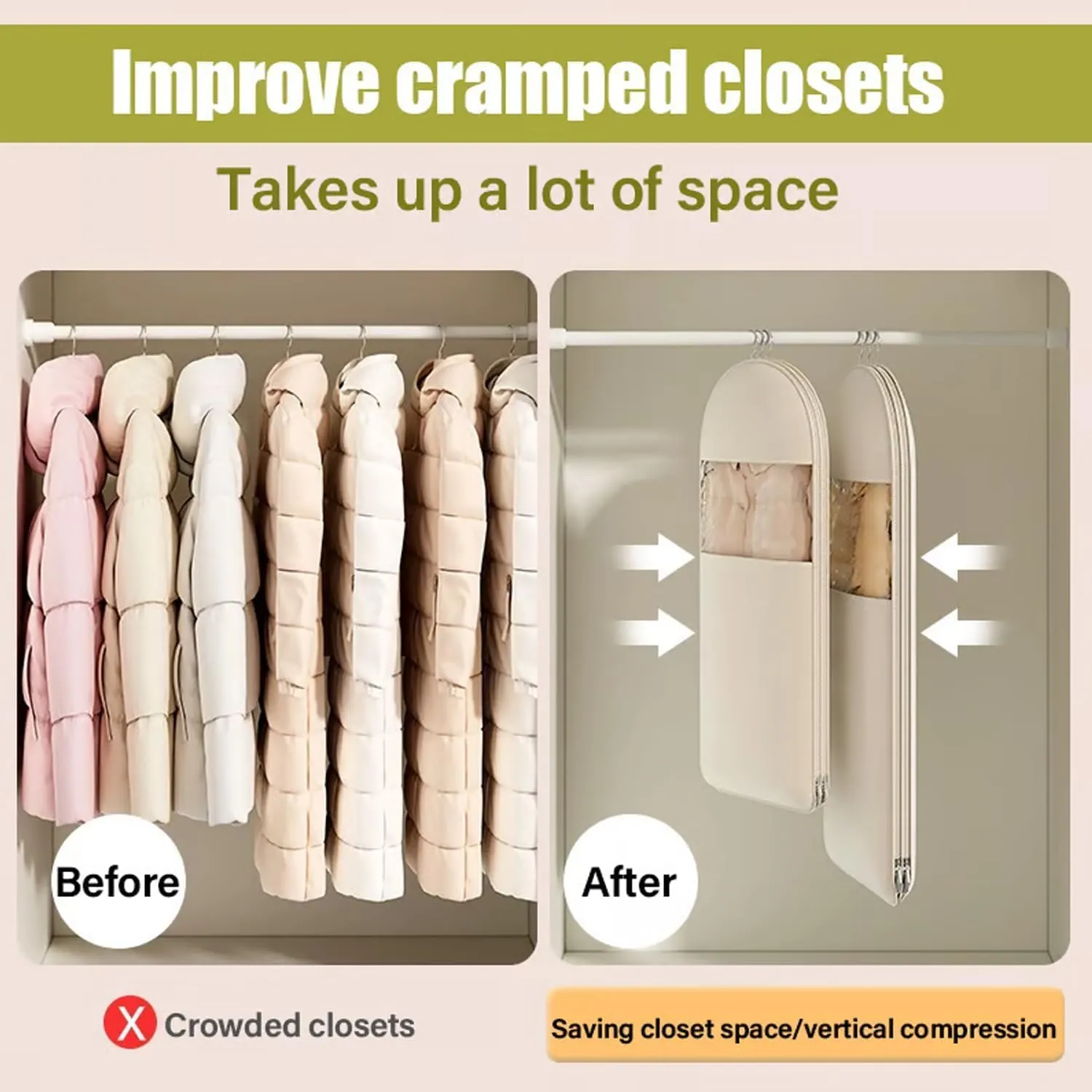 Taprinferior Hanging Garment Bag, 2025 Space Saving Hanging Garment Bag with Self Compression Zipper, Space Saver Vacuum Storage Bags for down Coat, Jackets, Suit (Pink, Large)