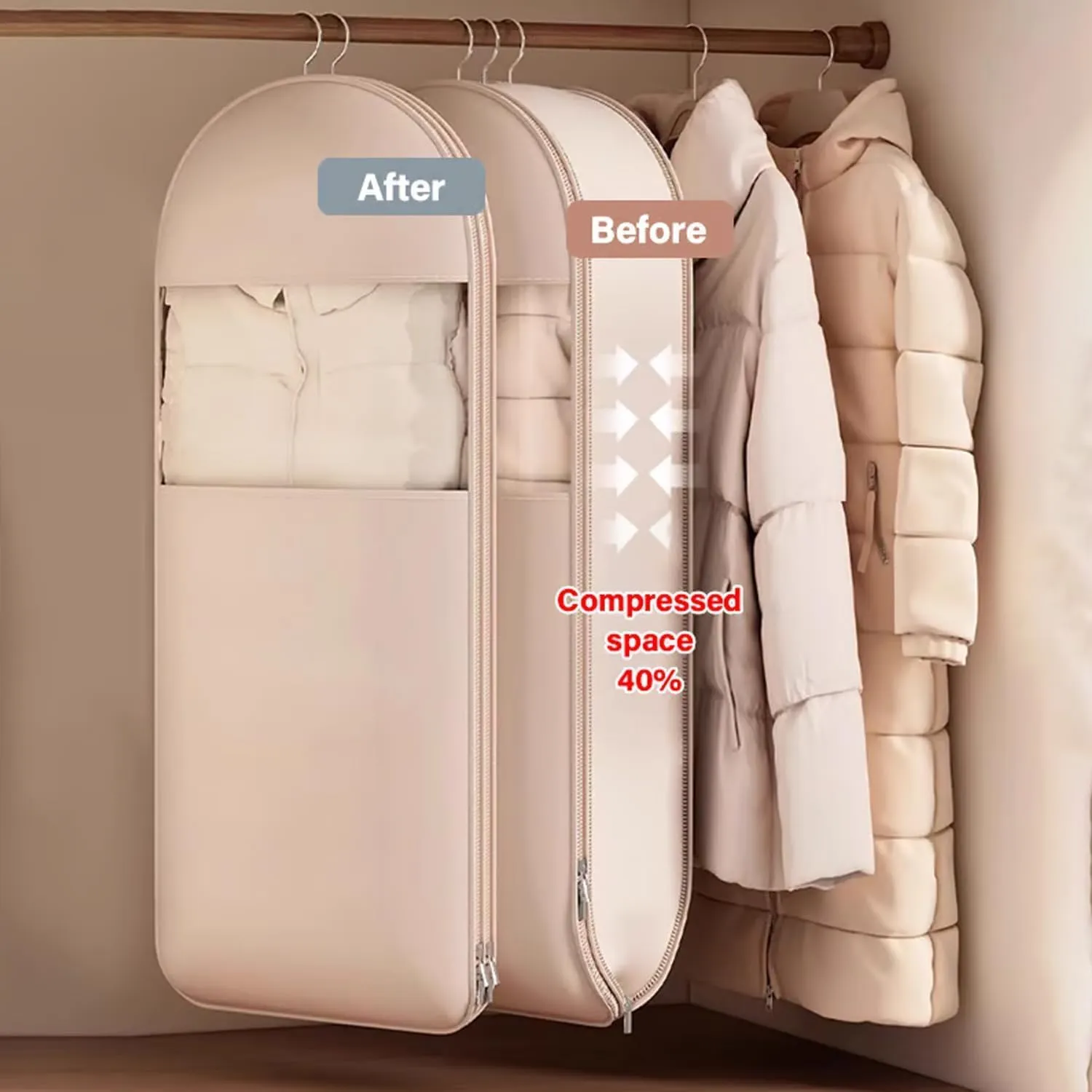 Taprinferior Hanging Garment Bag, 2025 Space Saving Hanging Garment Bag with Self Compression Zipper, Space Saver Vacuum Storage Bags for down Coat, Jackets, Suit (Pink, Large)
