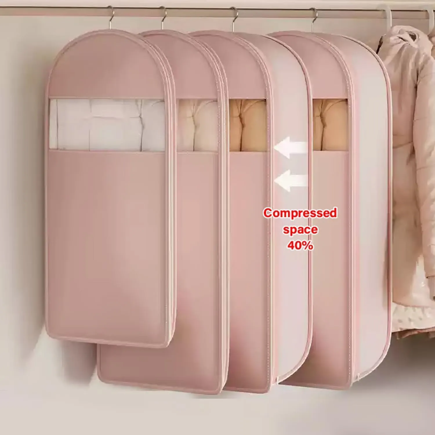 Taprinferior Hanging Garment Bag, 2025 Space Saving Hanging Garment Bag with Self Compression Zipper, Space Saver Vacuum Storage Bags for down Coat, Jackets, Suit (Pink, Large)