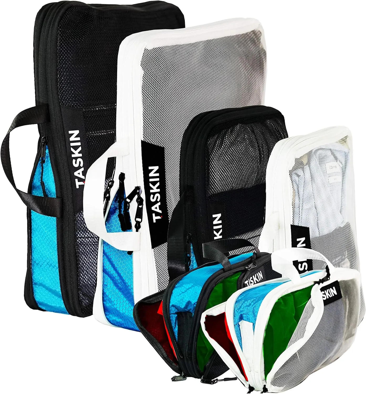 Taskin Compression Packing Cubes | Separate Clean & Dirty Compartments w/Flexible Separator | YKK Zippers | Set of 6 (2XL   2L   2M)