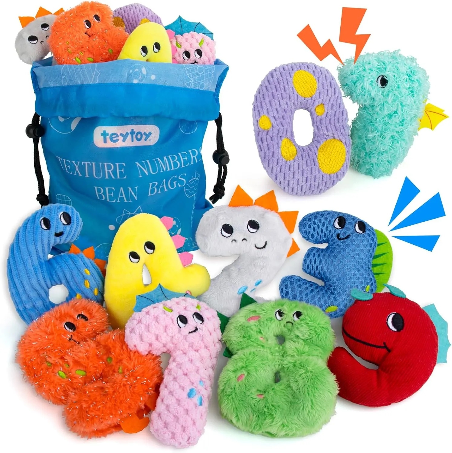 teytoy Texture Sensory Bean Bags Toys for Autism, 10 Fidget Sensory Number Toys with Storage Bag, Develop Fine Motor & Sensory Play for Baby Boys Girls Special Needs Developmental Toys