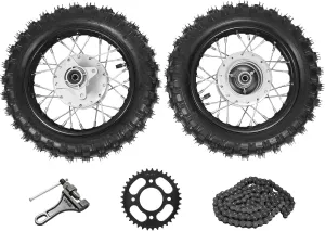 TFCFL 2.50-10 Front & Rear Wheels Rims, Front Rear Wheel Pair Set Fit For Honda CRF50 XR50 BBR KLX Dirt Bikes, 2.50-10 Front Rear Tire Rim Wheel Drum Brake with Chain & Chain Plate