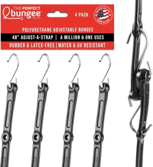 The Perfect Bungee 48” Adjust-A-Strap Rubber-Free Poly Bungee w Reinforced Holes to Adjust Size, Stretches 2X Length, Removable Steel Hooks, UV Resistant, Heavy-Duty, All-Weather, Made in USA, Black