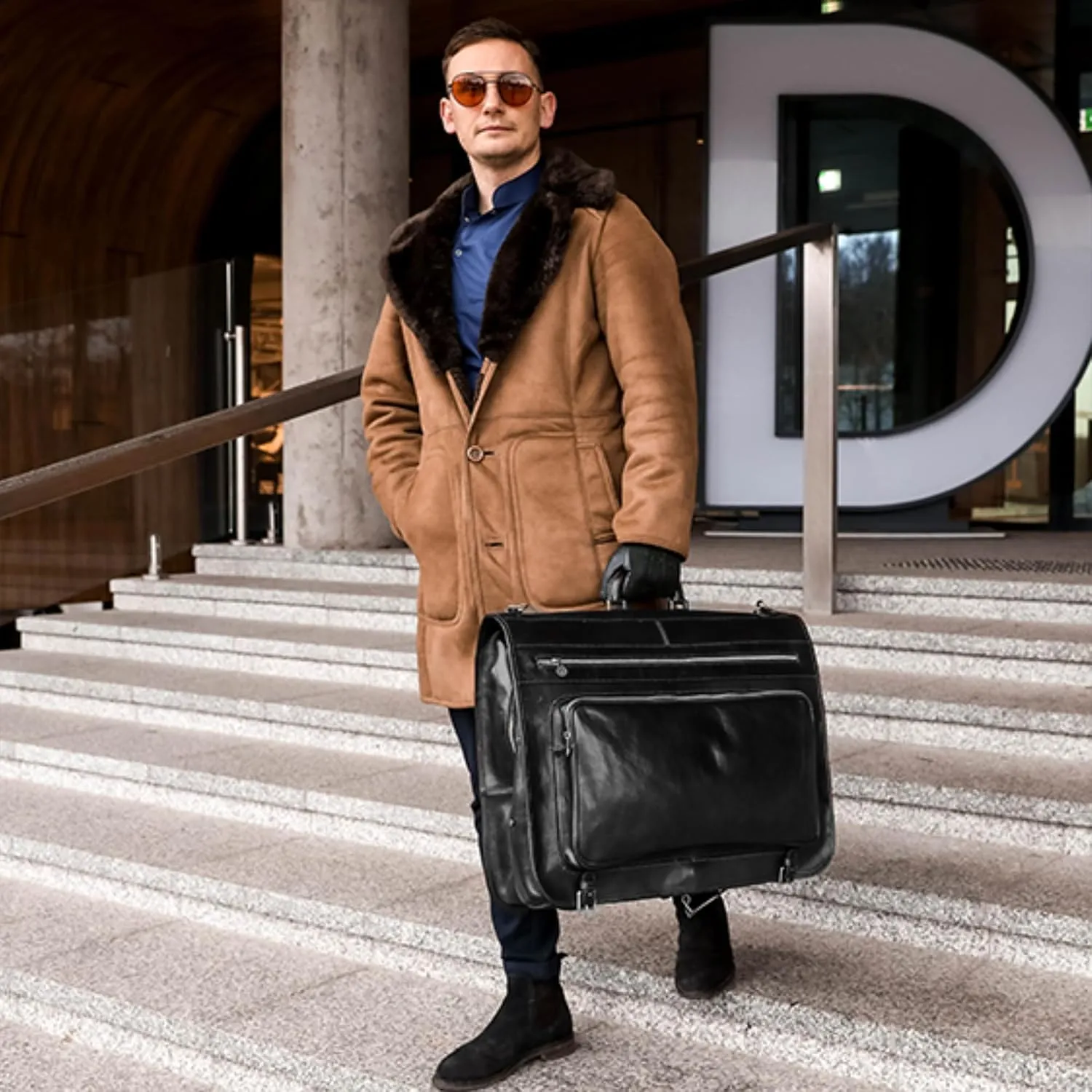 Time Resistance Leather Garment Bag - Slim Suit Duffel Carry-On Suitcase for Dress Protection (Black)
