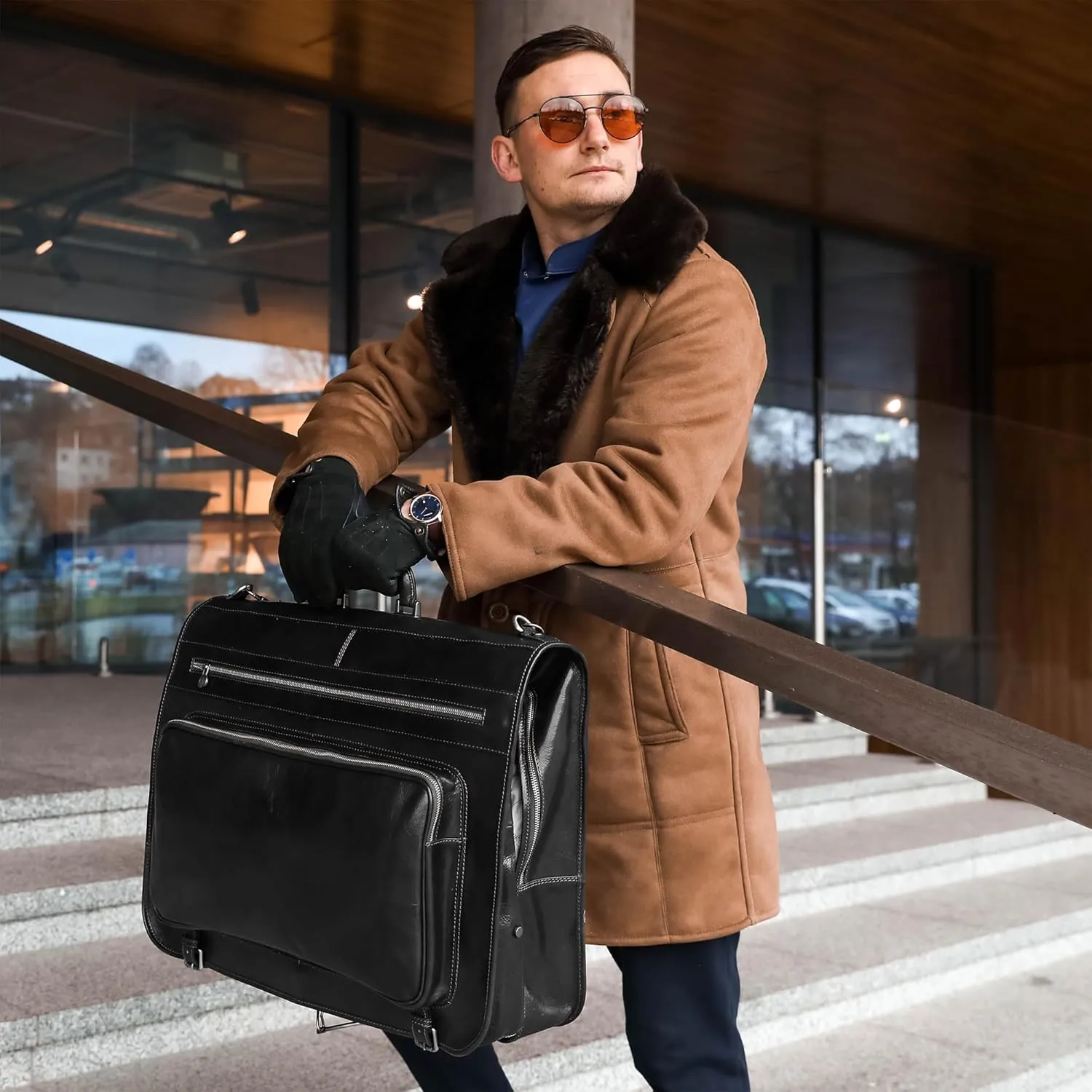 Time Resistance Leather Garment Bag - Slim Suit Duffel Carry-On Suitcase for Dress Protection (Black)