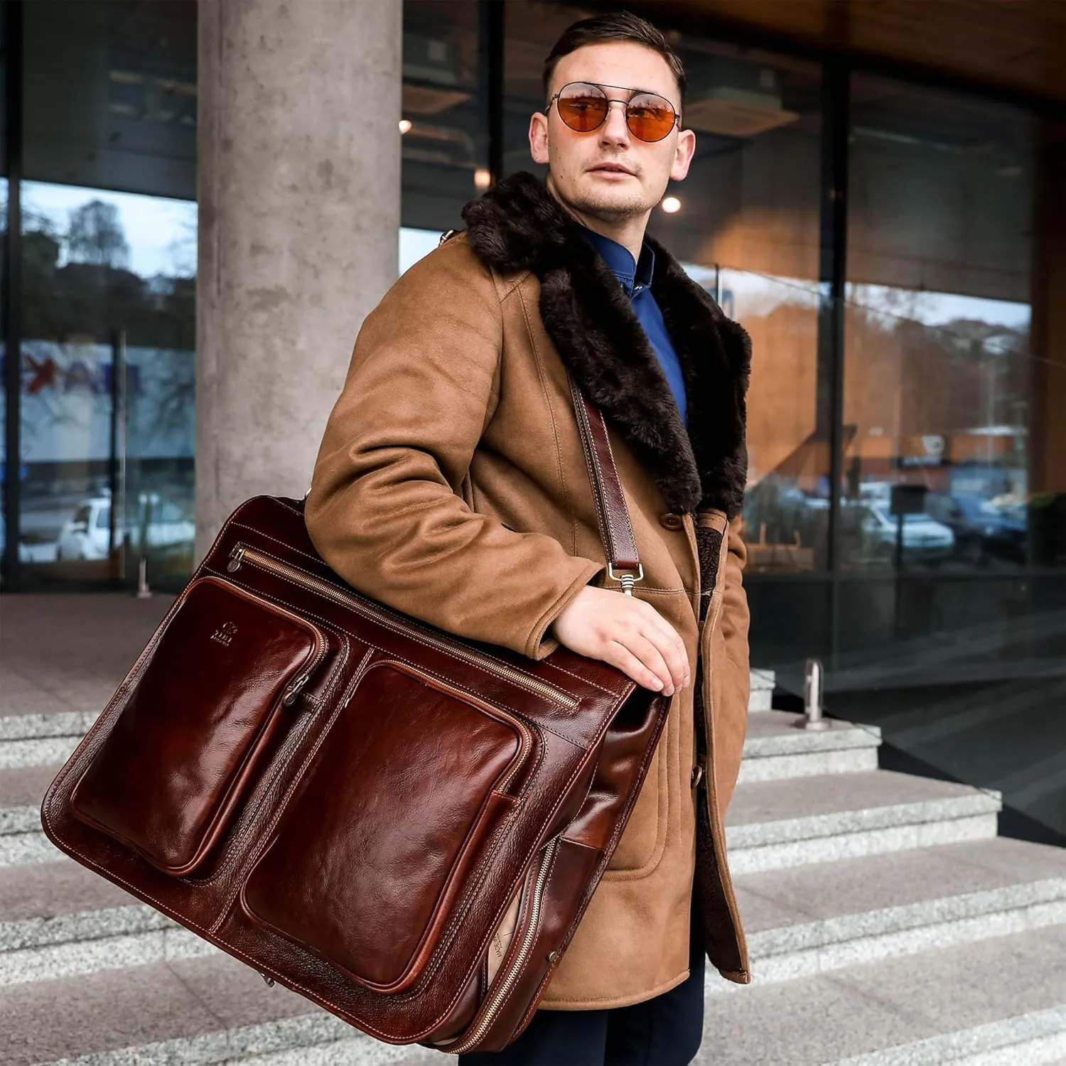 Time Resistance Leather Garment Bag - Slim Suit Duffel Carry-On Suitcase for Dress Protection (Brown)