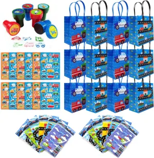 TINYMILLS Transportation Airplanes Cars Trains Birthday Party Assortment Favor Set of 108 pcs (12 Large Party Favor Bags with Handles, 24 Stampers, 12 Sticker Sheets, 12 Coloring Books, 48 Crayons)