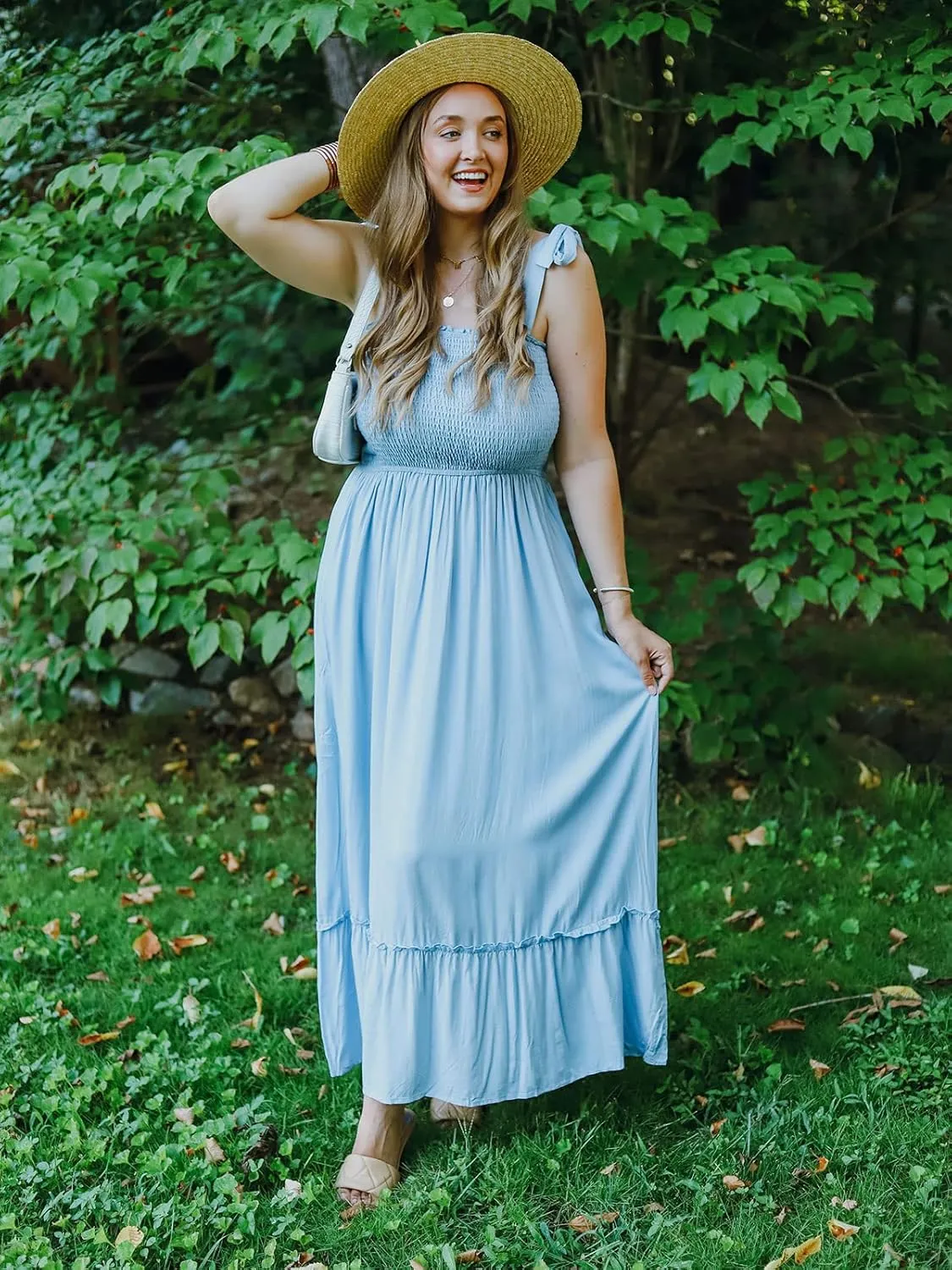 Tobrief Women's Boho Dress Summer Spaghetti Strap Square Neck Flowy Ruffle Beach Long Maxi Dress