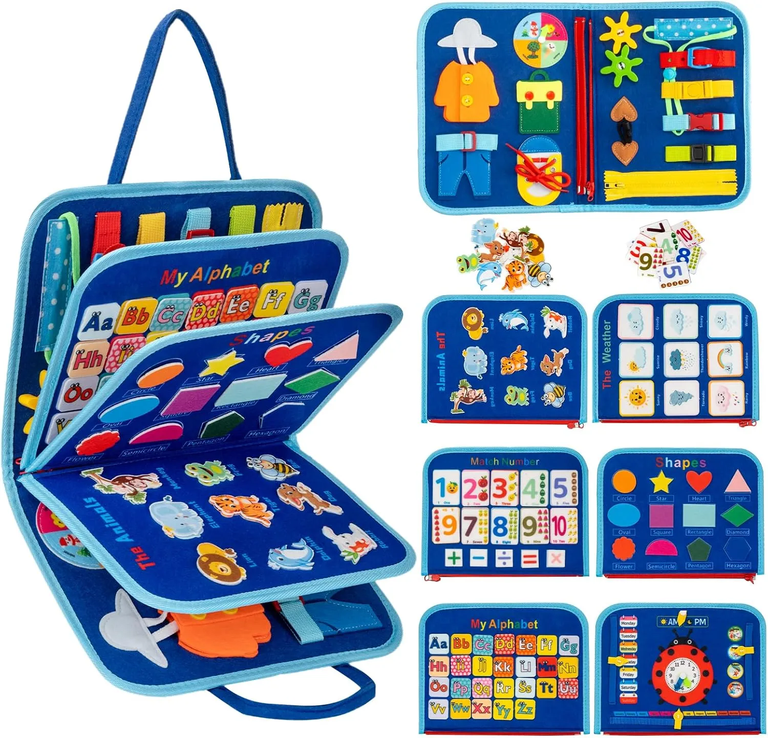 Toddler Busy Board Montessori Toys for 1 2 3 4 Year Old, Preschool Learning Activities with Life Skills,ABC,123,Shape,Color,Animal,Weather,Toddler Travel Toys，Educational Activity Developing Sensory